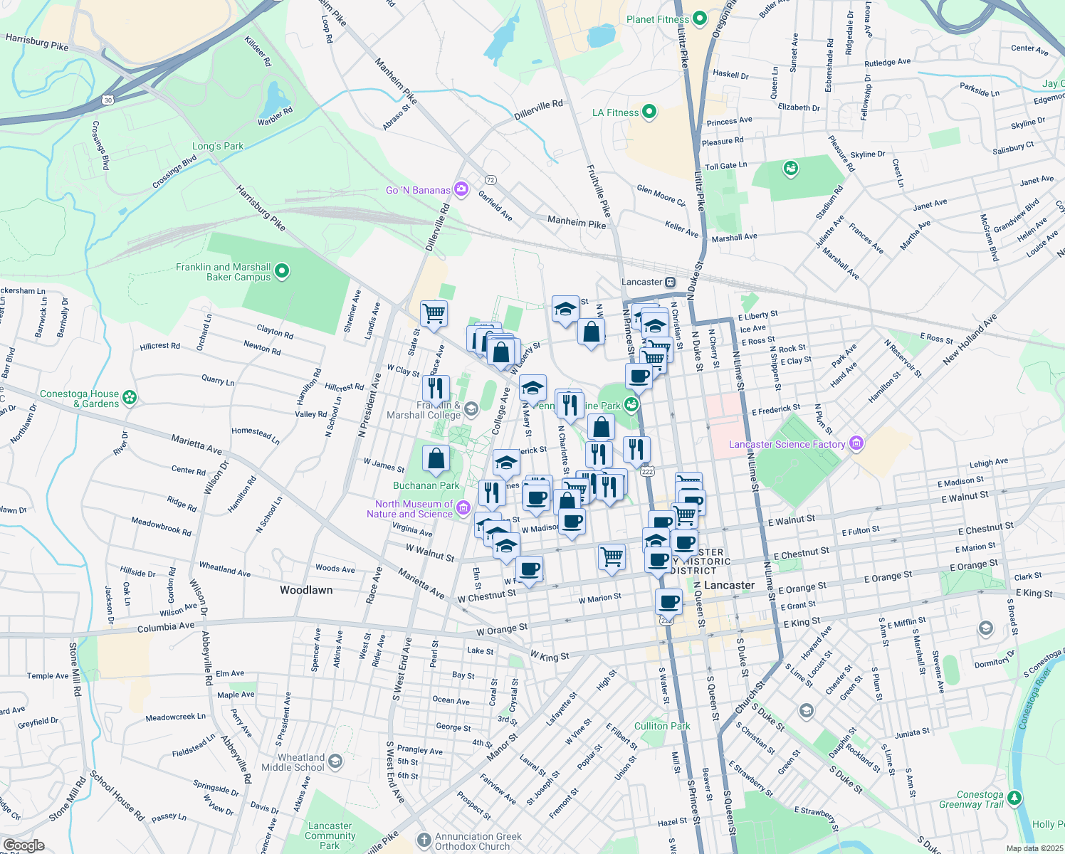 map of restaurants, bars, coffee shops, grocery stores, and more near 641 North Mary Street in Lancaster