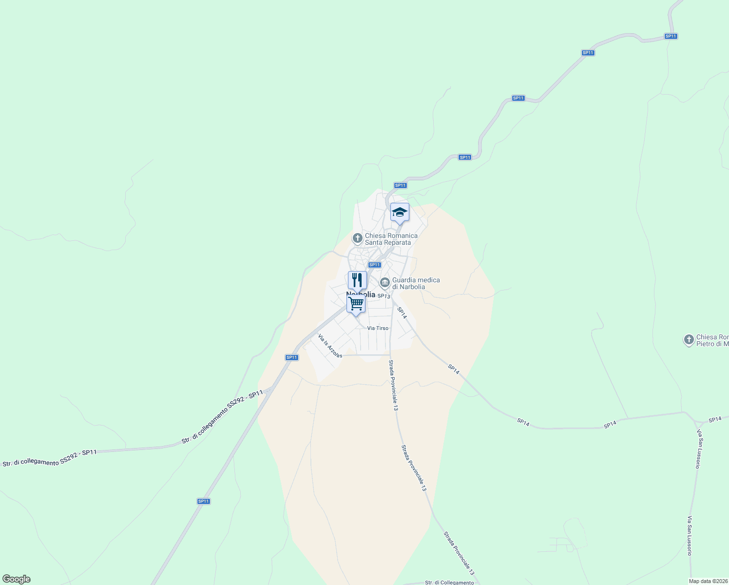 map of restaurants, bars, coffee shops, grocery stores, and more near 1 Via Montezebio in Narbolia