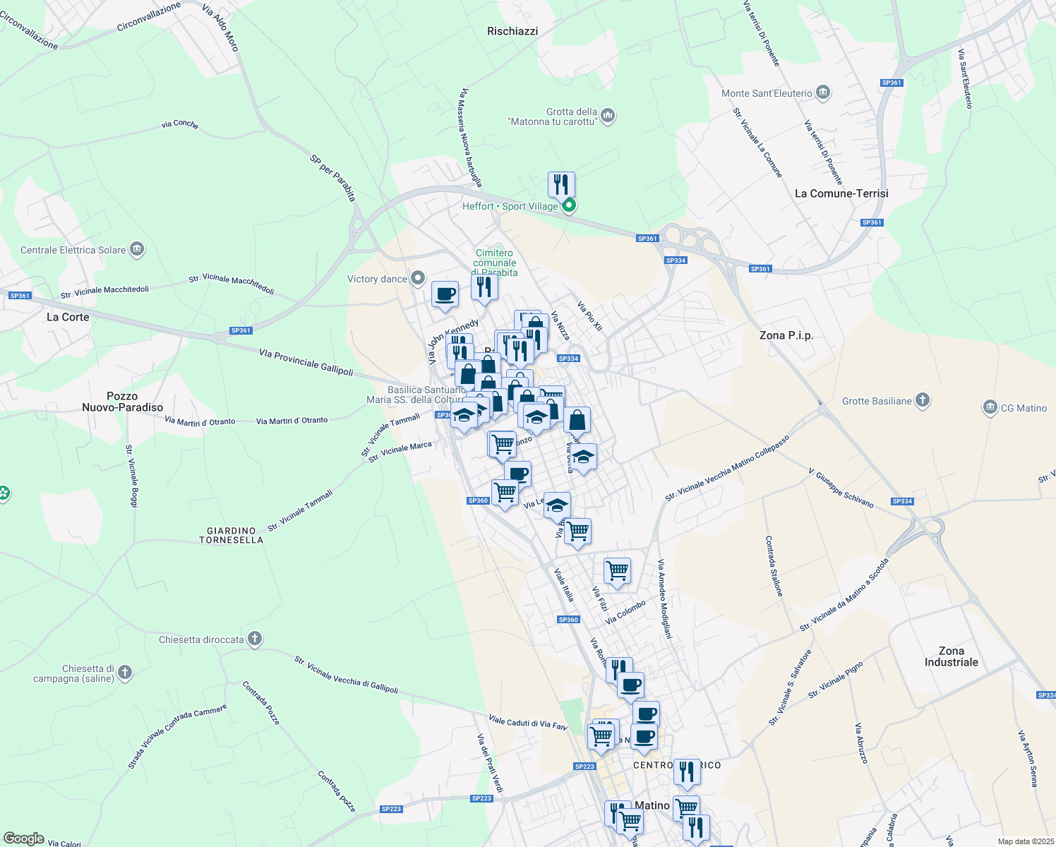 map of restaurants, bars, coffee shops, grocery stores, and more near 19 Via Francesco Ferruccio in Parabita