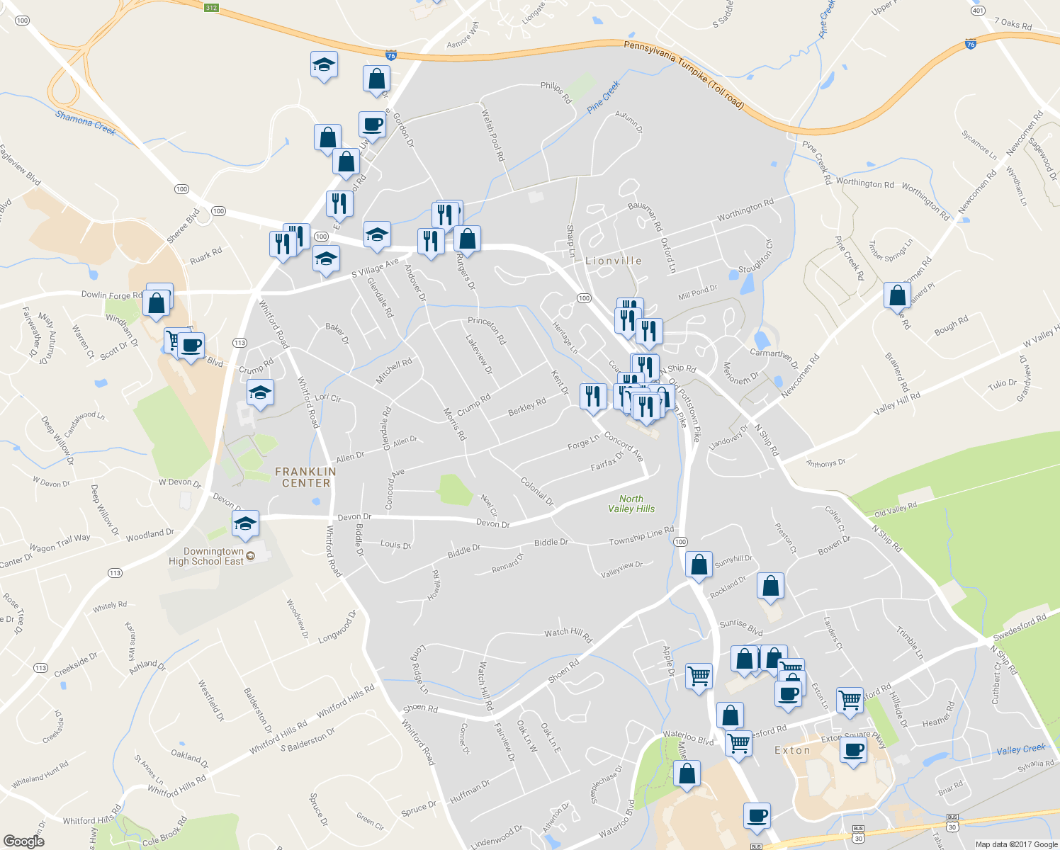 map of restaurants, bars, coffee shops, grocery stores, and more near 411 Concord Avenue in Exton