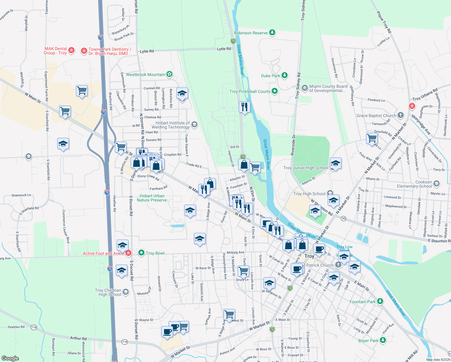 map of restaurants, bars, coffee shops, grocery stores, and more near 450 North Madison Street in Troy
