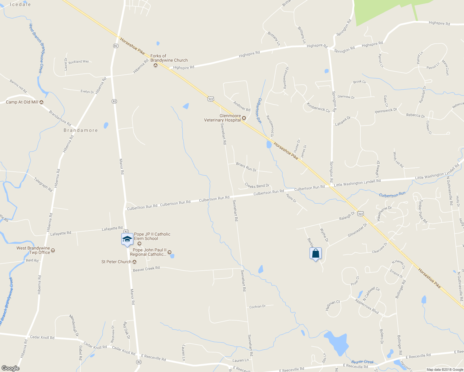map of restaurants, bars, coffee shops, grocery stores, and more near 259 Swinehart Road in Downingtown