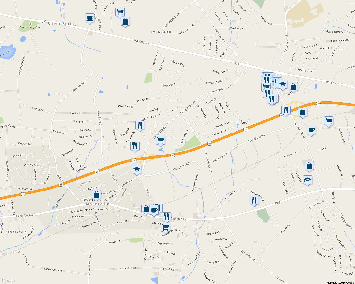 map of restaurants, bars, coffee shops, grocery stores, and more near 3329 Greenridge Drive in Mountville