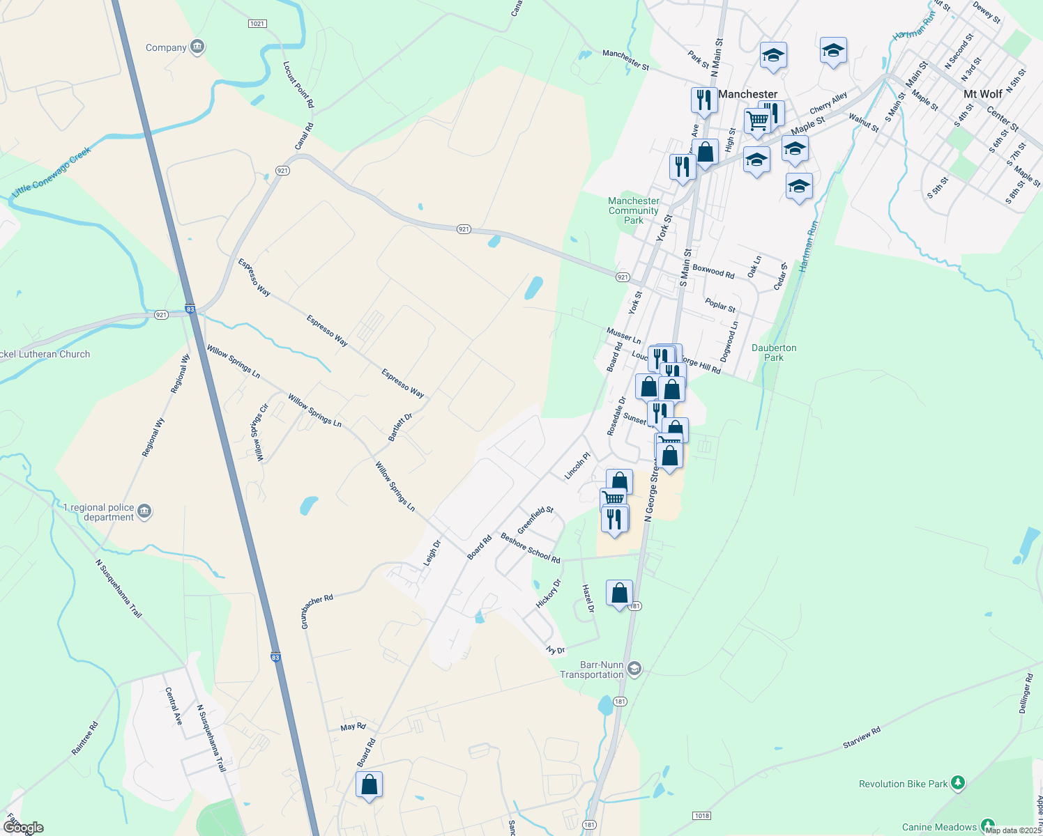 map of restaurants, bars, coffee shops, grocery stores, and more near 135 Fig Tree Way in Manchester