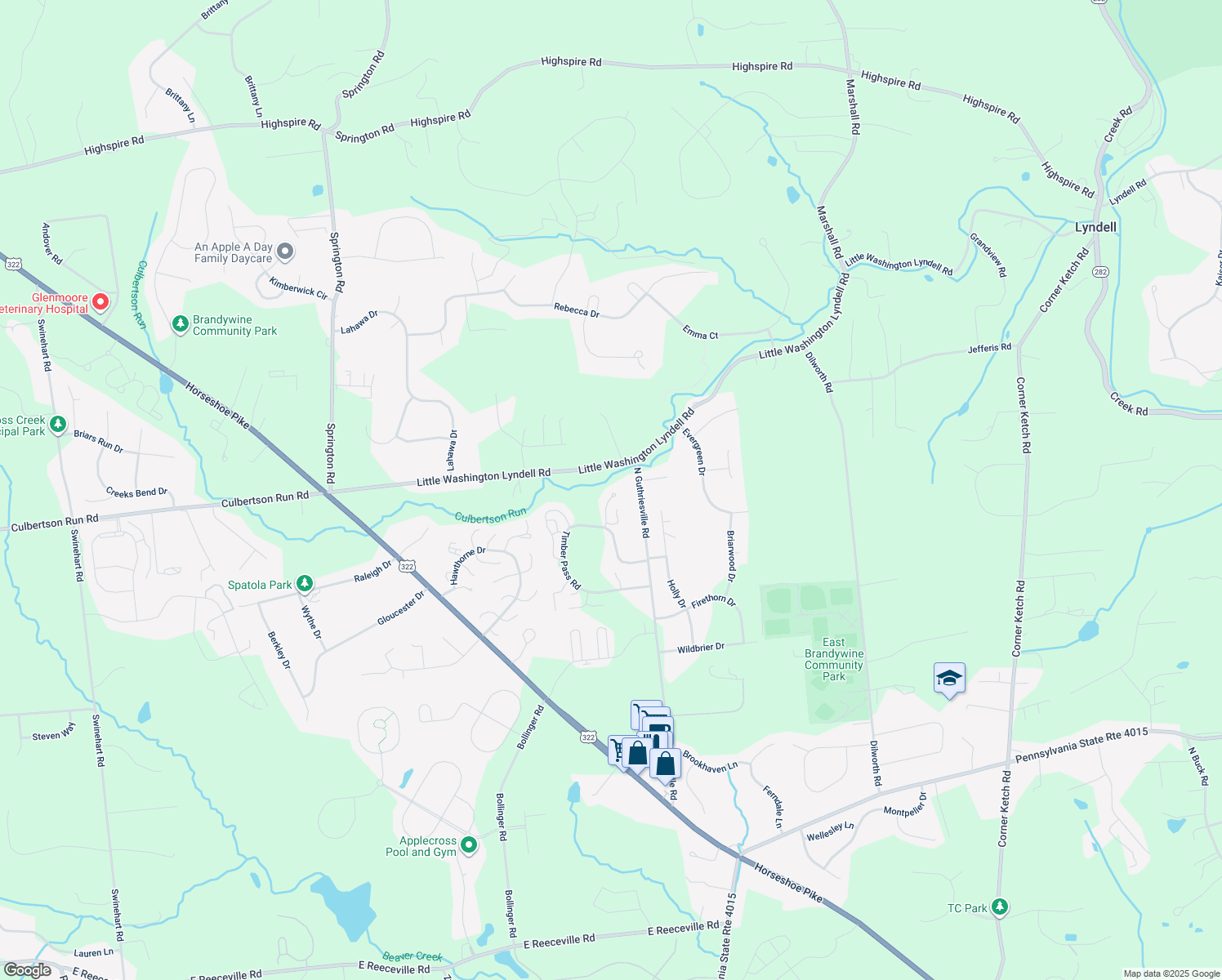 map of restaurants, bars, coffee shops, grocery stores, and more near 60 Ponds Edge Dr in Downingtown