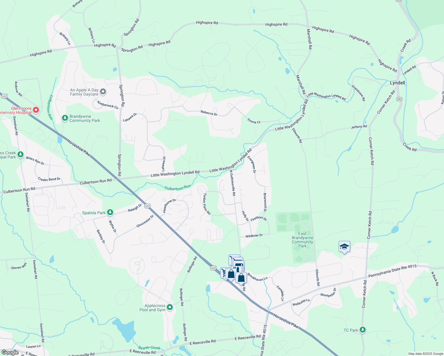 map of restaurants, bars, coffee shops, grocery stores, and more near 61 Ponds Edge Drive in Downingtown
