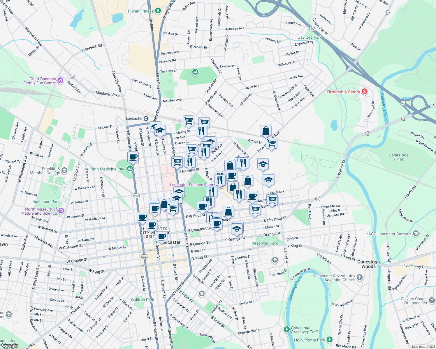 map of restaurants, bars, coffee shops, grocery stores, and more near 704 North Marshall Street in Lancaster