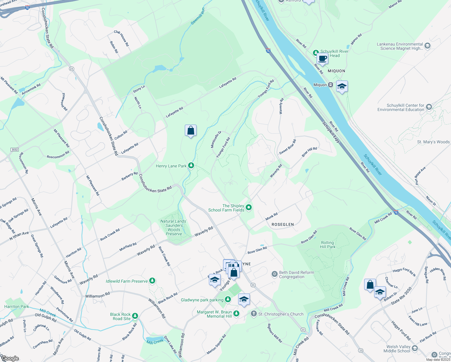 map of restaurants, bars, coffee shops, grocery stores, and more near 1330 Fenimore Lane in Gladwyne