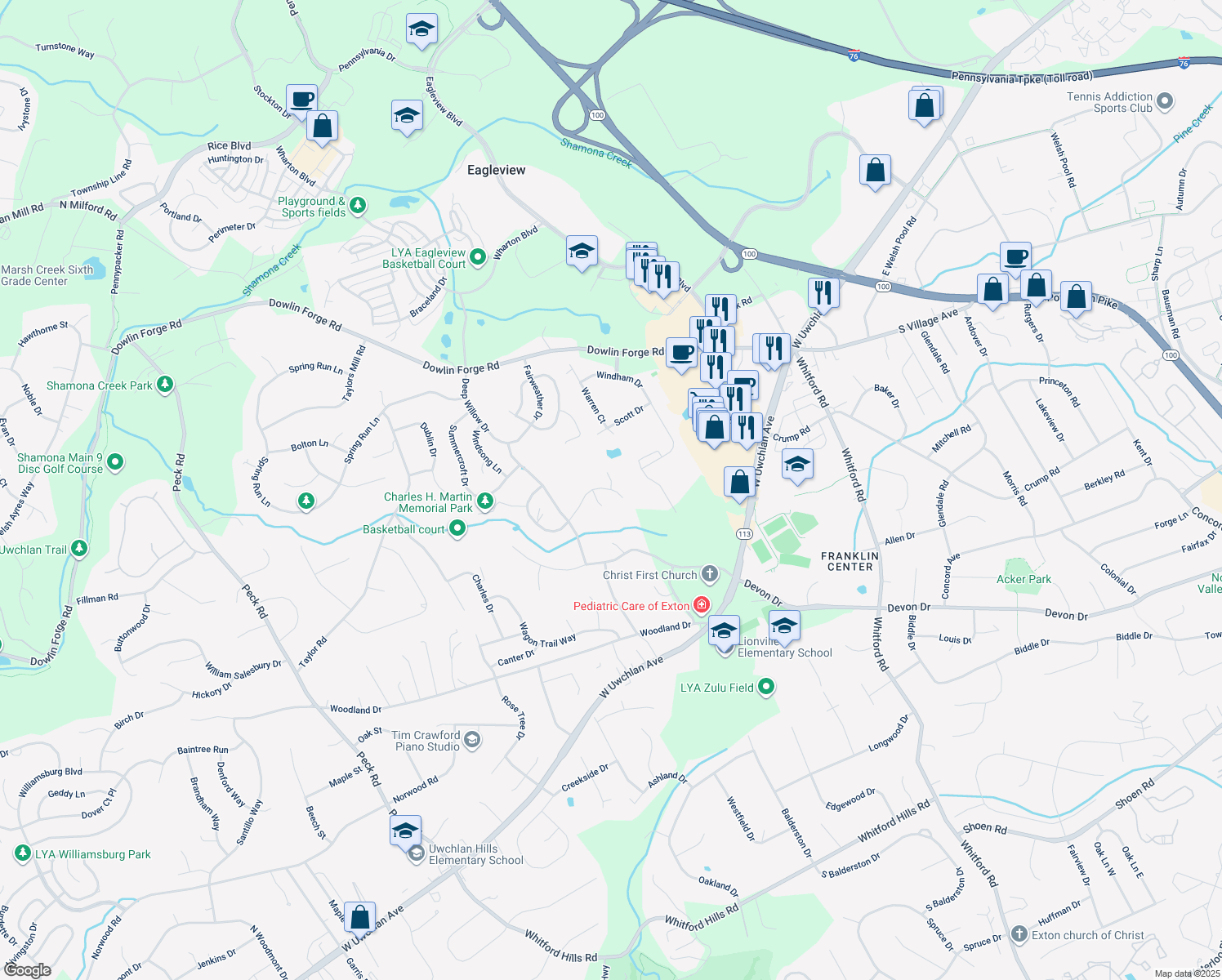 map of restaurants, bars, coffee shops, grocery stores, and more near 218 Candalwood Lane in Exton