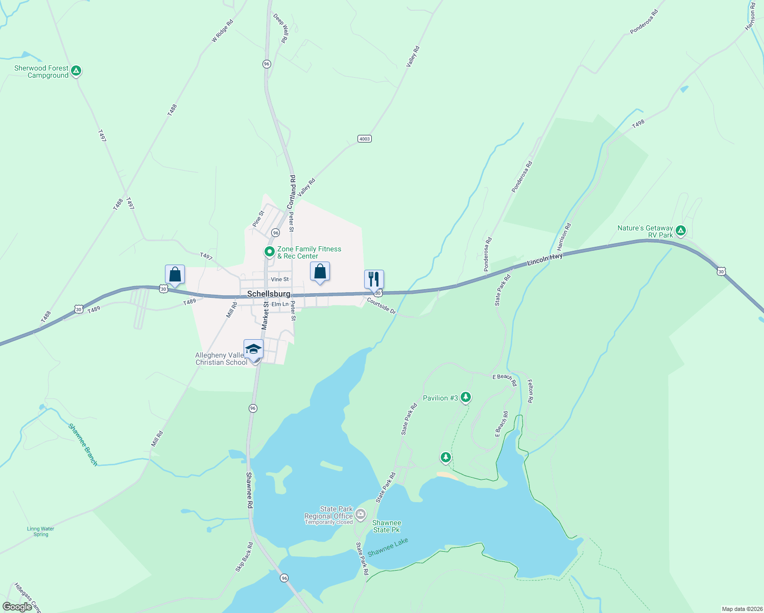 map of restaurants, bars, coffee shops, grocery stores, and more near Courtside Rd in Schellsburg