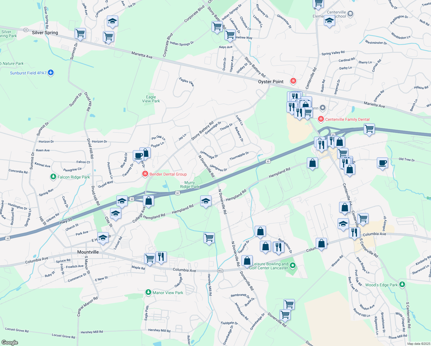 map of restaurants, bars, coffee shops, grocery stores, and more near 3247 Oakglen Court in Lancaster