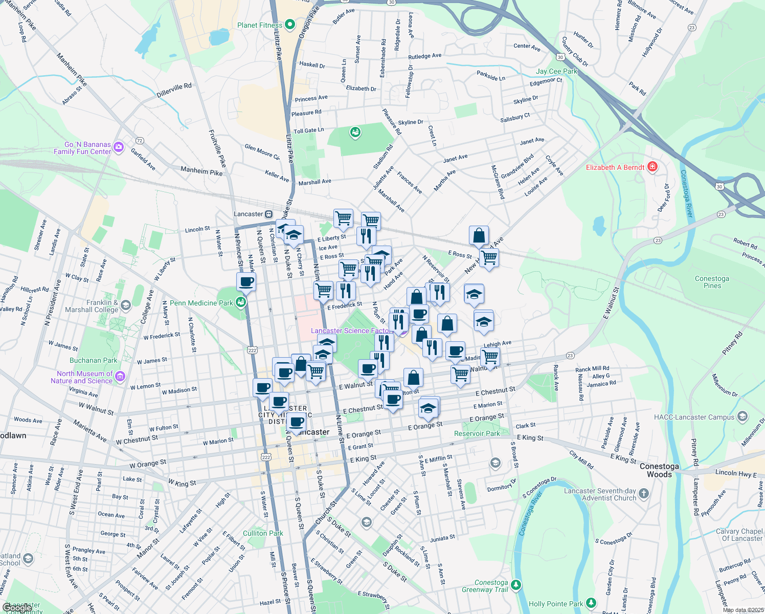 map of restaurants, bars, coffee shops, grocery stores, and more near 585 Zook Avenue in Lancaster