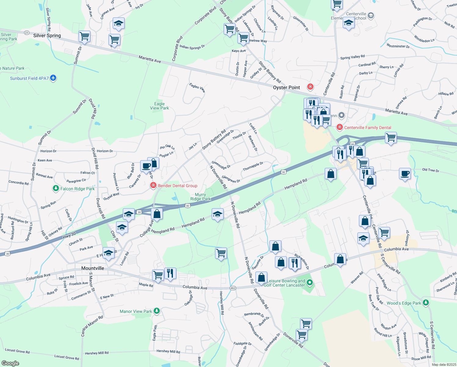 map of restaurants, bars, coffee shops, grocery stores, and more near 3245 Oakglen Court in Lancaster