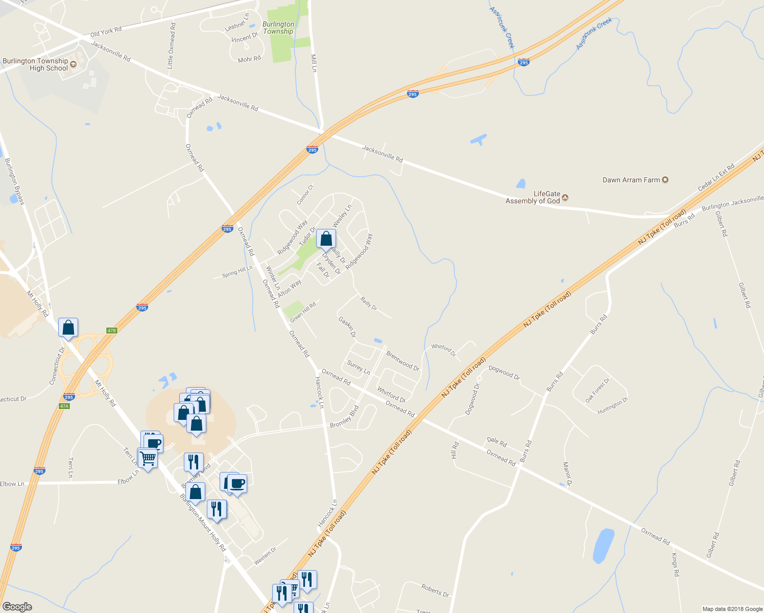 map of restaurants, bars, coffee shops, grocery stores, and more near 59 Bailly Drive in Burlington