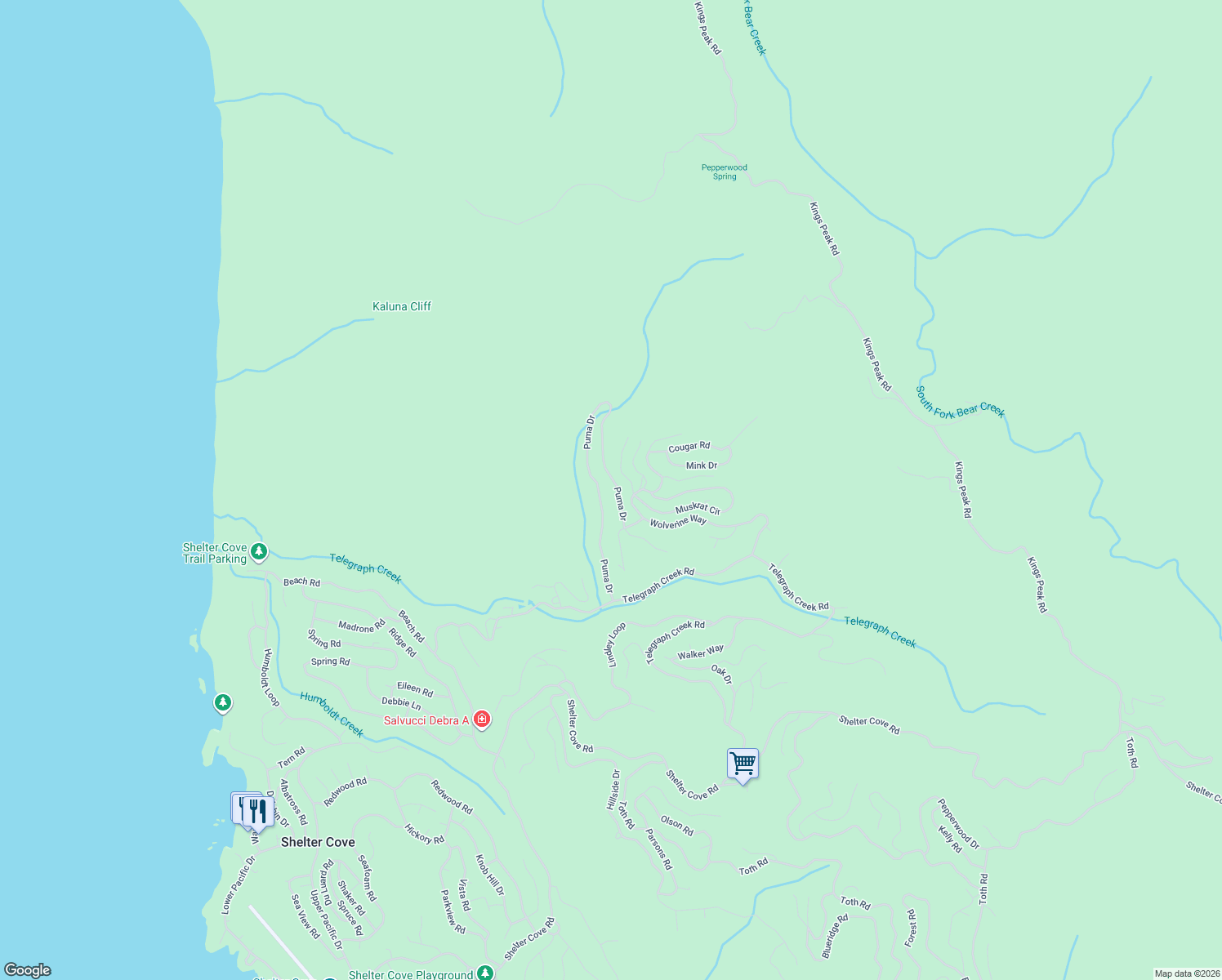 map of restaurants, bars, coffee shops, grocery stores, and more near 867 Puma Drive in Whitethorn