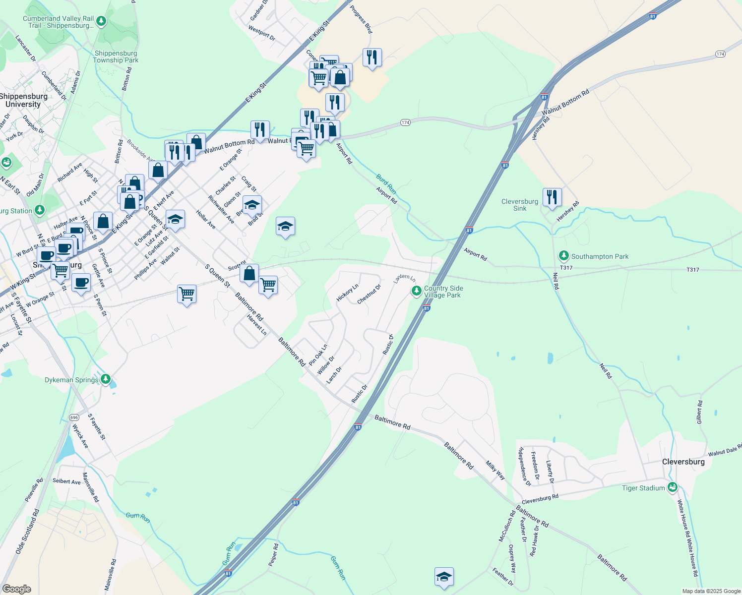 map of restaurants, bars, coffee shops, grocery stores, and more near 234 Chestnut Dr in Shippensburg