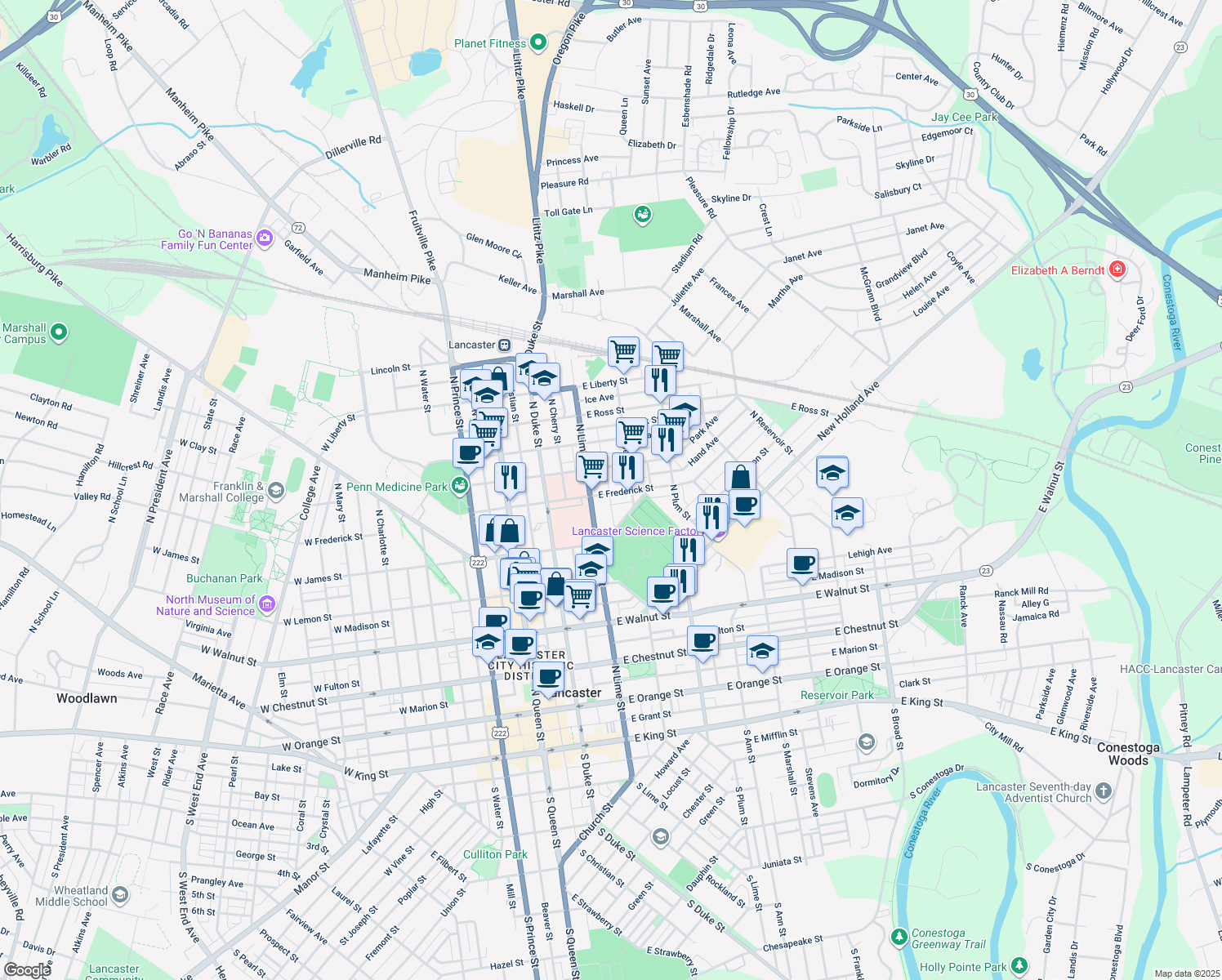map of restaurants, bars, coffee shops, grocery stores, and more near 227 East Frederick Street in Lancaster