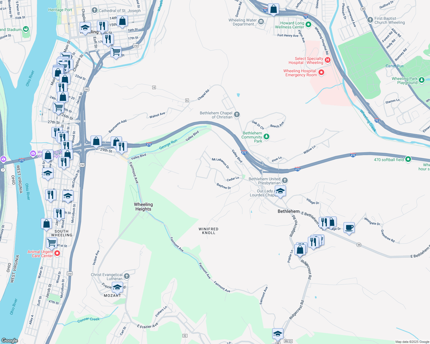 map of restaurants, bars, coffee shops, grocery stores, and more near 51 Baytree Drive in Wheeling