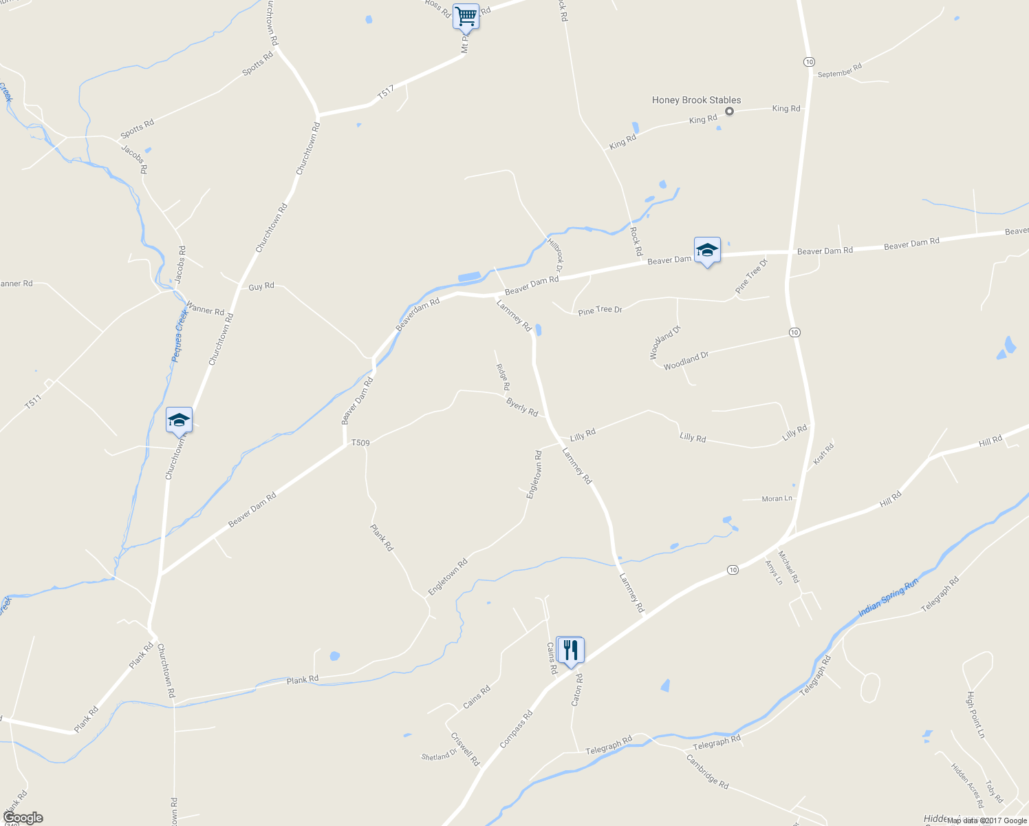 map of restaurants, bars, coffee shops, grocery stores, and more near 6360 Byerly Road in Honey Brook