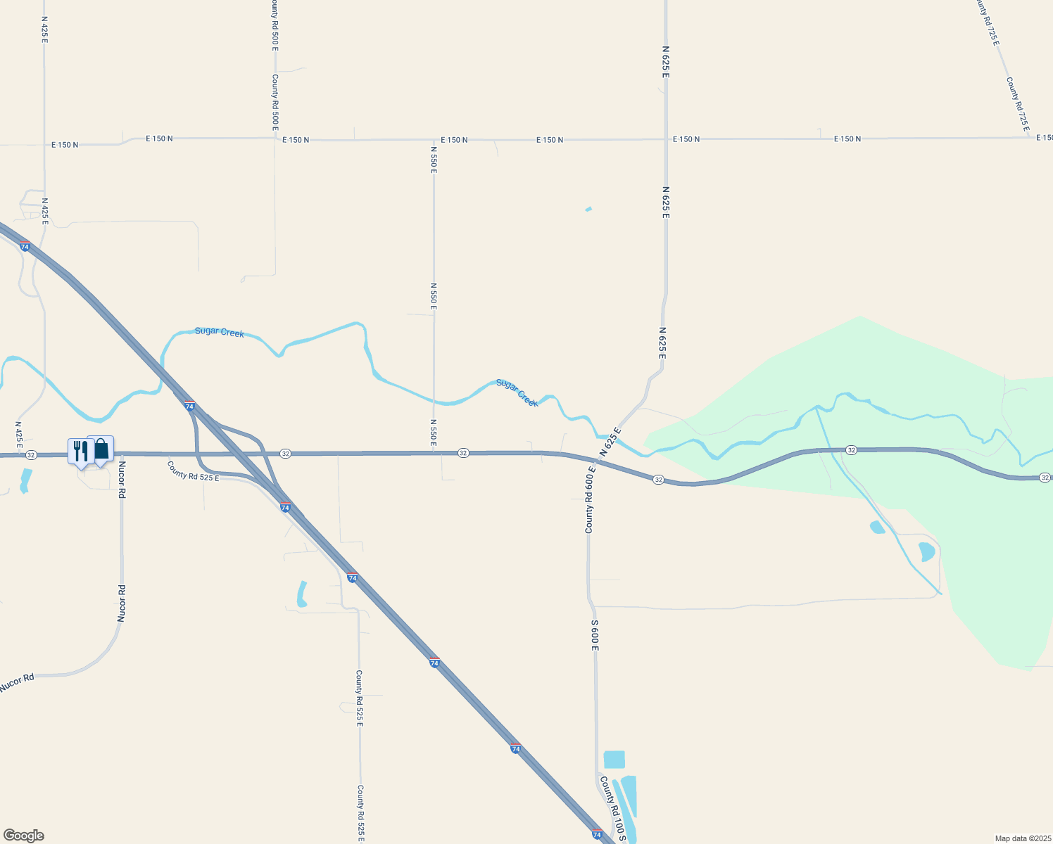 map of restaurants, bars, coffee shops, grocery stores, and more near 5850 Indiana 32 in Crawfordsville