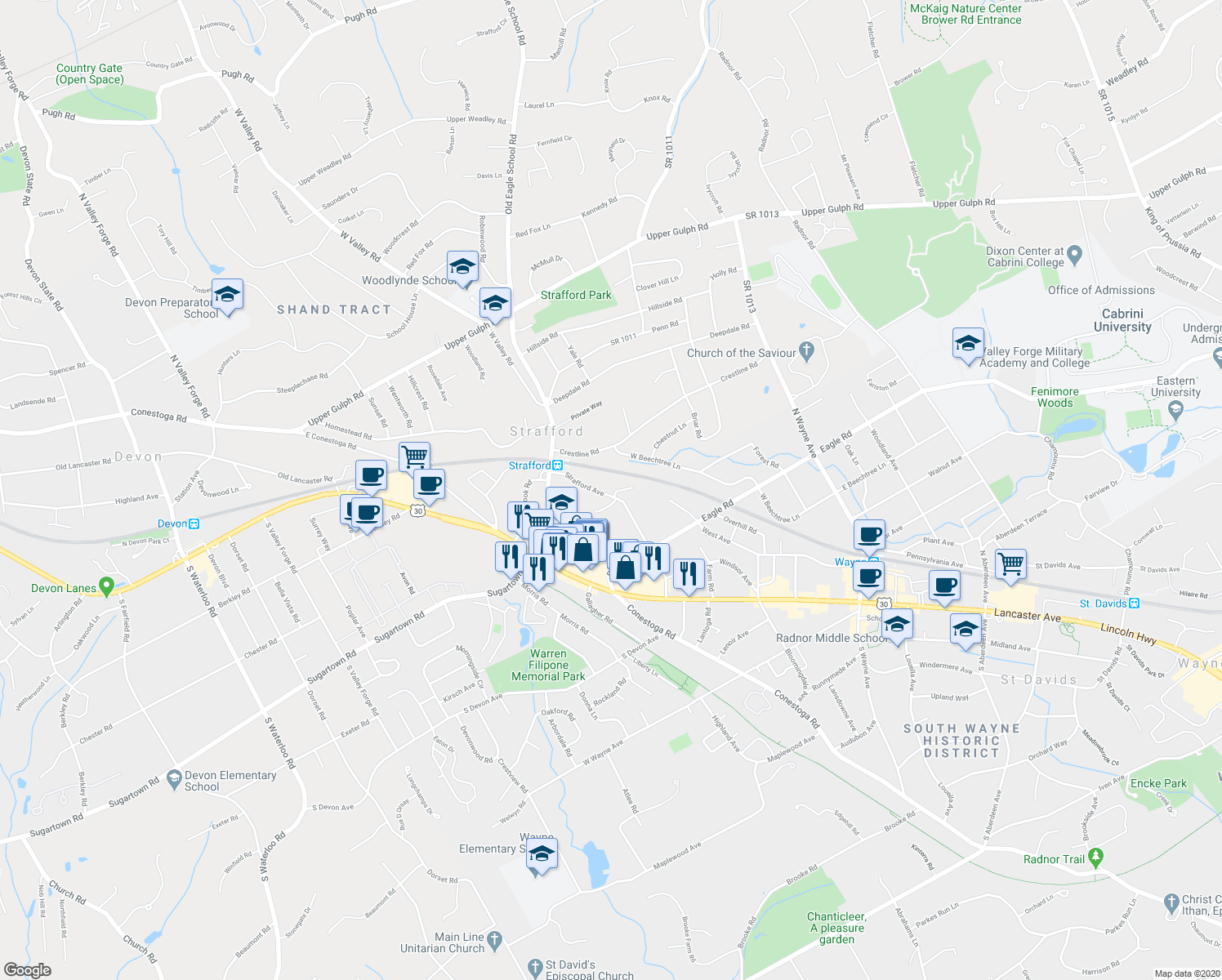 map of restaurants, bars, coffee shops, grocery stores, and more near 273 Strafford Avenue in Wayne