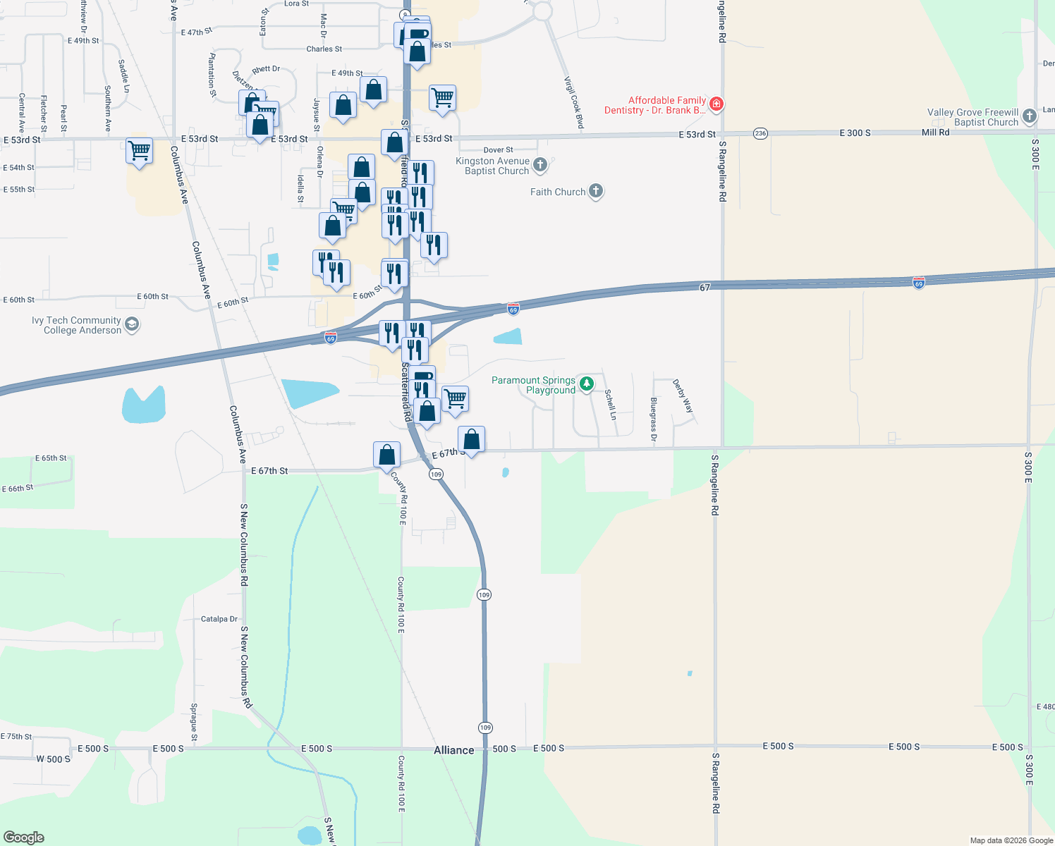 map of restaurants, bars, coffee shops, grocery stores, and more near 6527 Rosalind Ln in Anderson