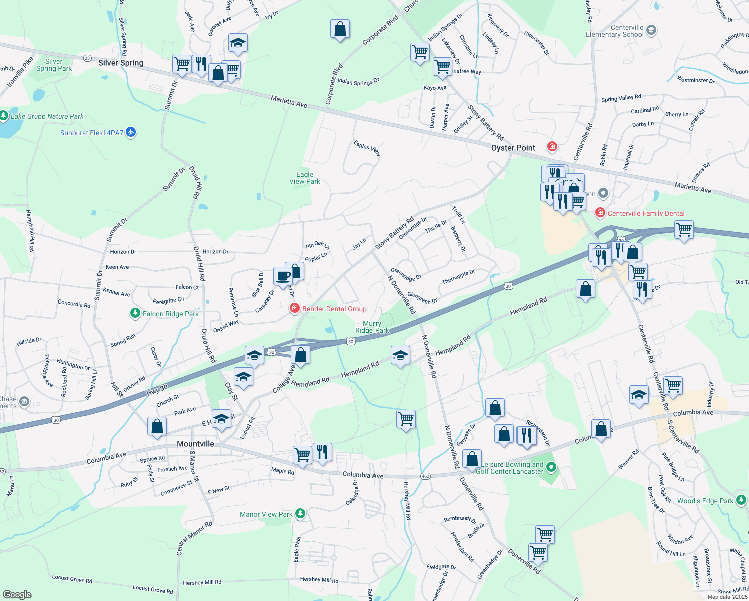 map of restaurants, bars, coffee shops, grocery stores, and more near 3315 Greenridge Drive in Mountville
