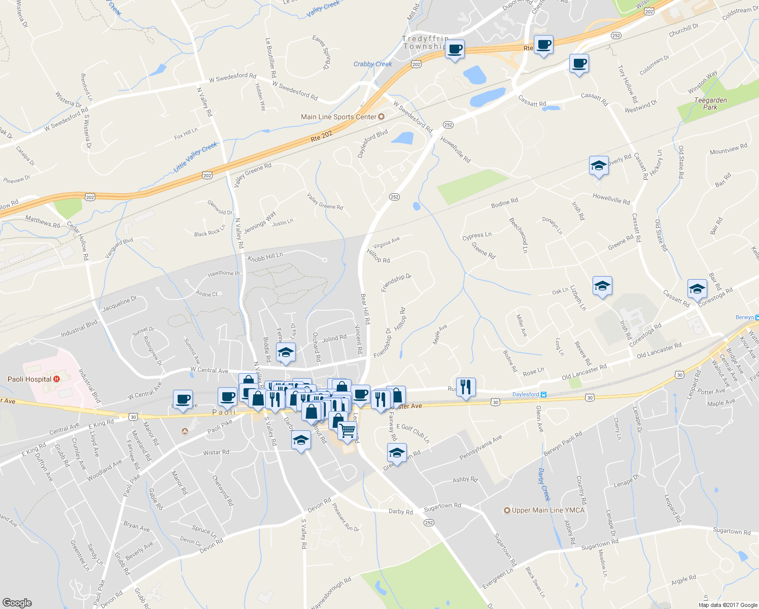 map of restaurants, bars, coffee shops, grocery stores, and more near 328 Friendship Drive in Paoli