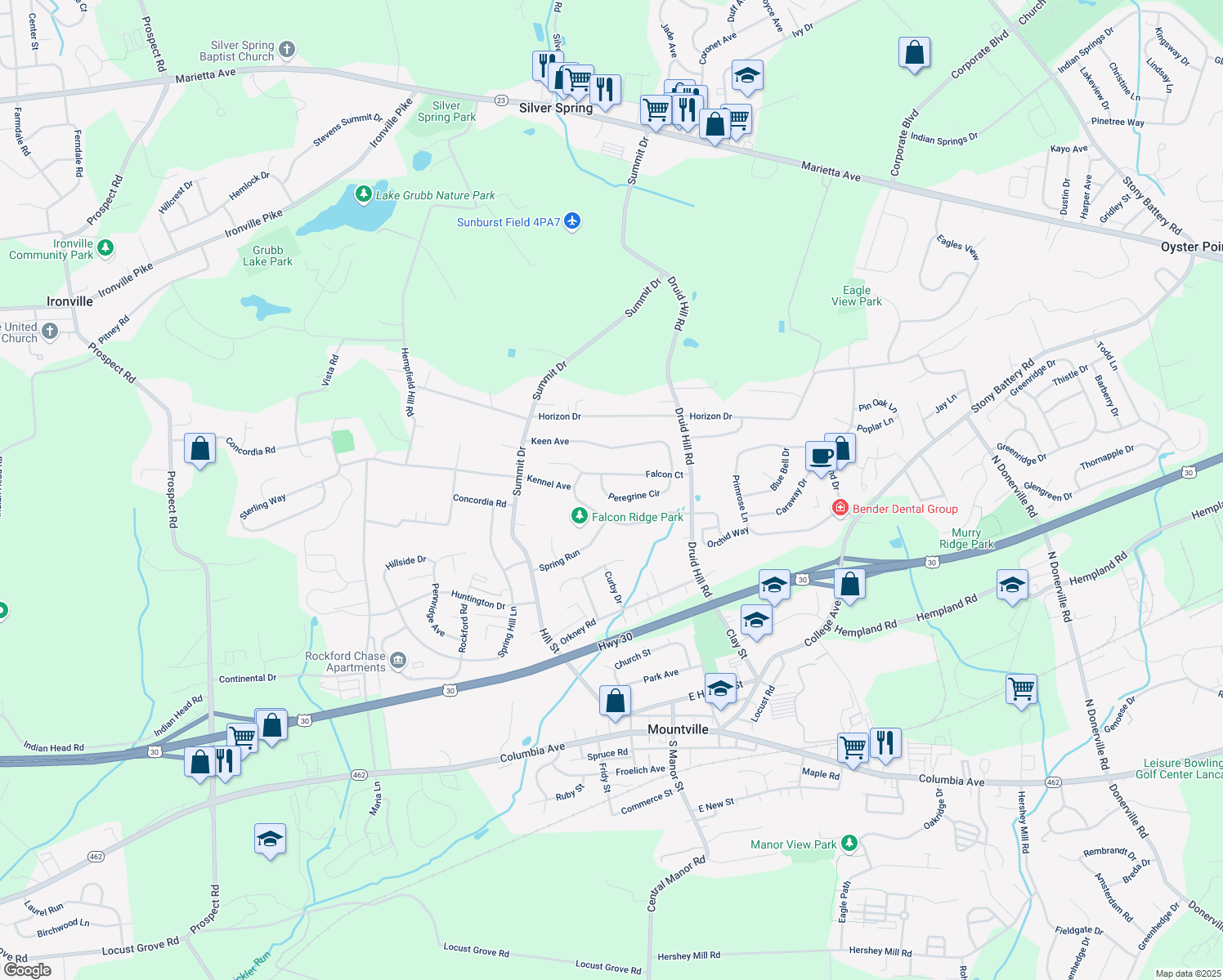 map of restaurants, bars, coffee shops, grocery stores, and more near 3631 Peregrine Cir in Mountville