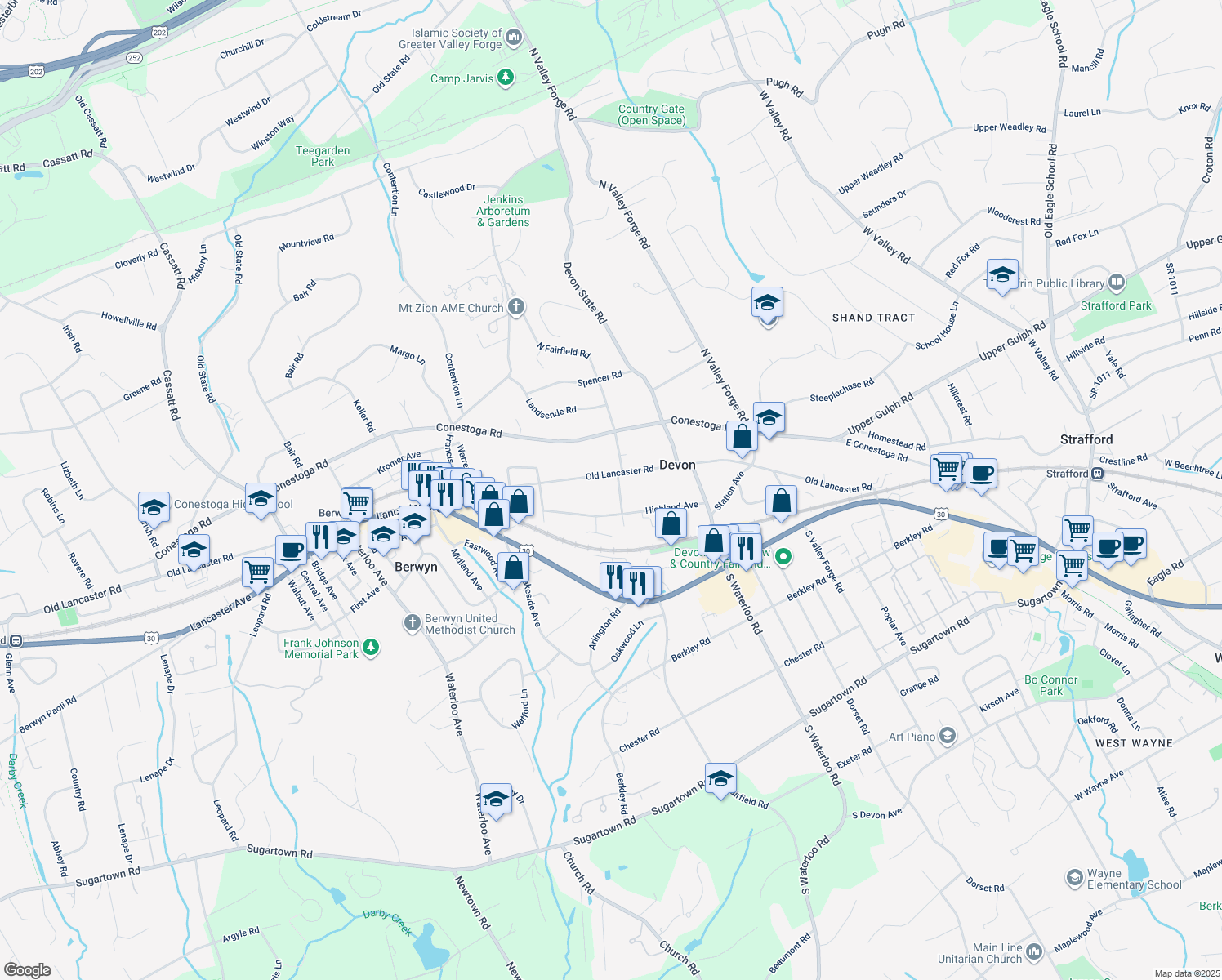 map of restaurants, bars, coffee shops, grocery stores, and more near 114 North Fairfield Road in Devon
