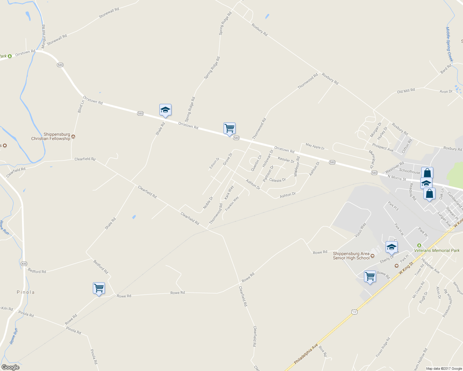 map of restaurants, bars, coffee shops, grocery stores, and more near 404 Kara Way in Shippensburg