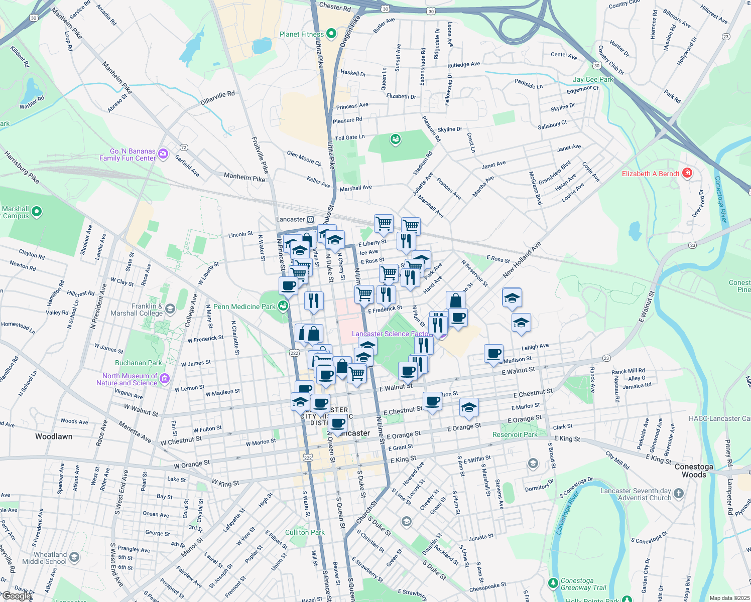 map of restaurants, bars, coffee shops, grocery stores, and more near 620 North Jefferson Street in Lancaster