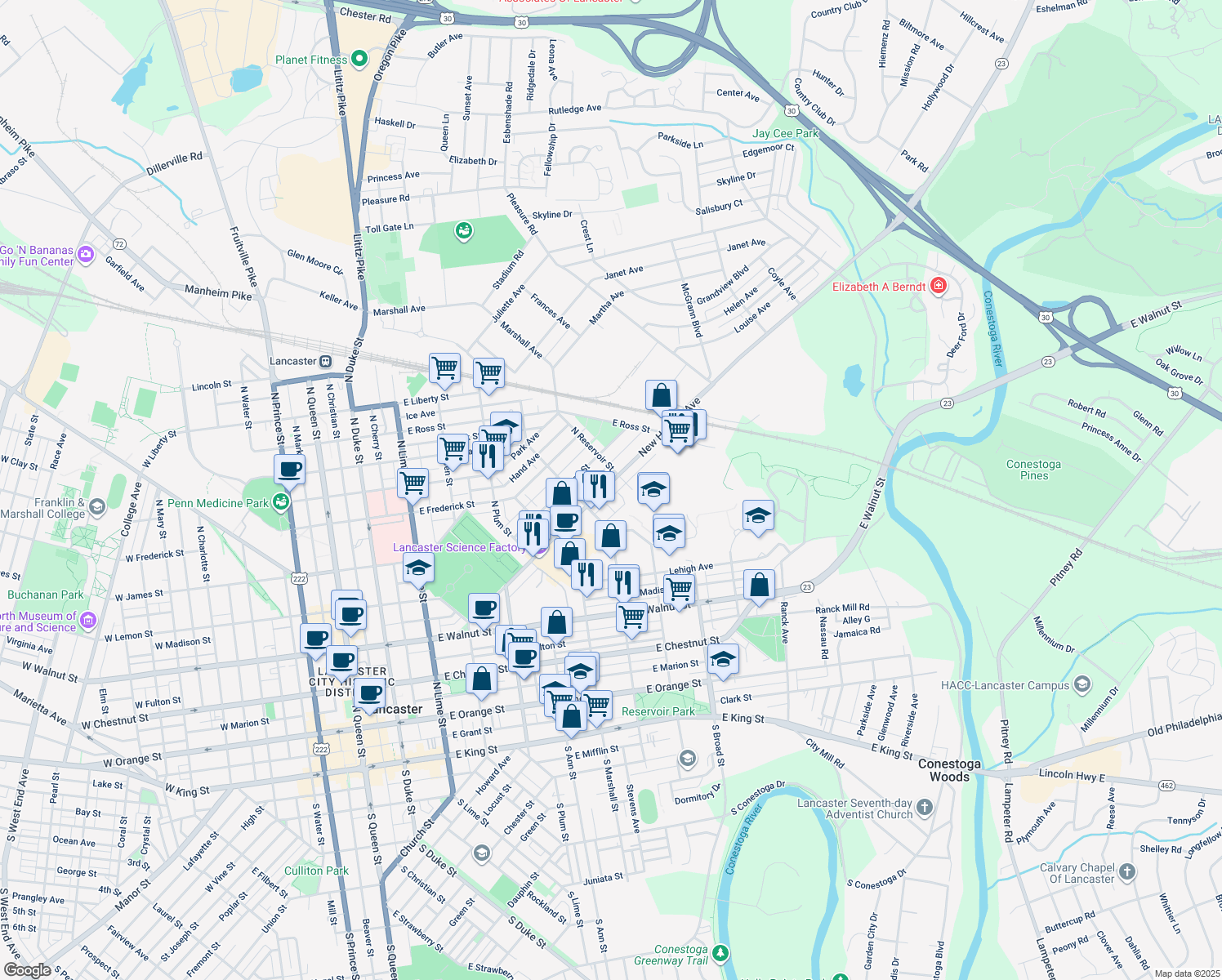 map of restaurants, bars, coffee shops, grocery stores, and more near 646 New Holland Avenue in Lancaster