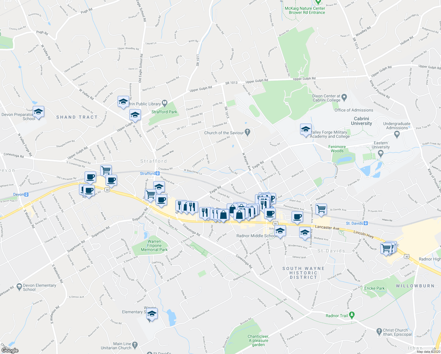 map of restaurants, bars, coffee shops, grocery stores, and more near 511 West Beechtree Lane in Wayne