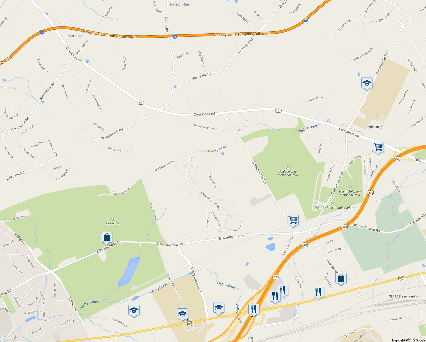 map of restaurants, bars, coffee shops, grocery stores, and more near 96 Granville Way in Exton