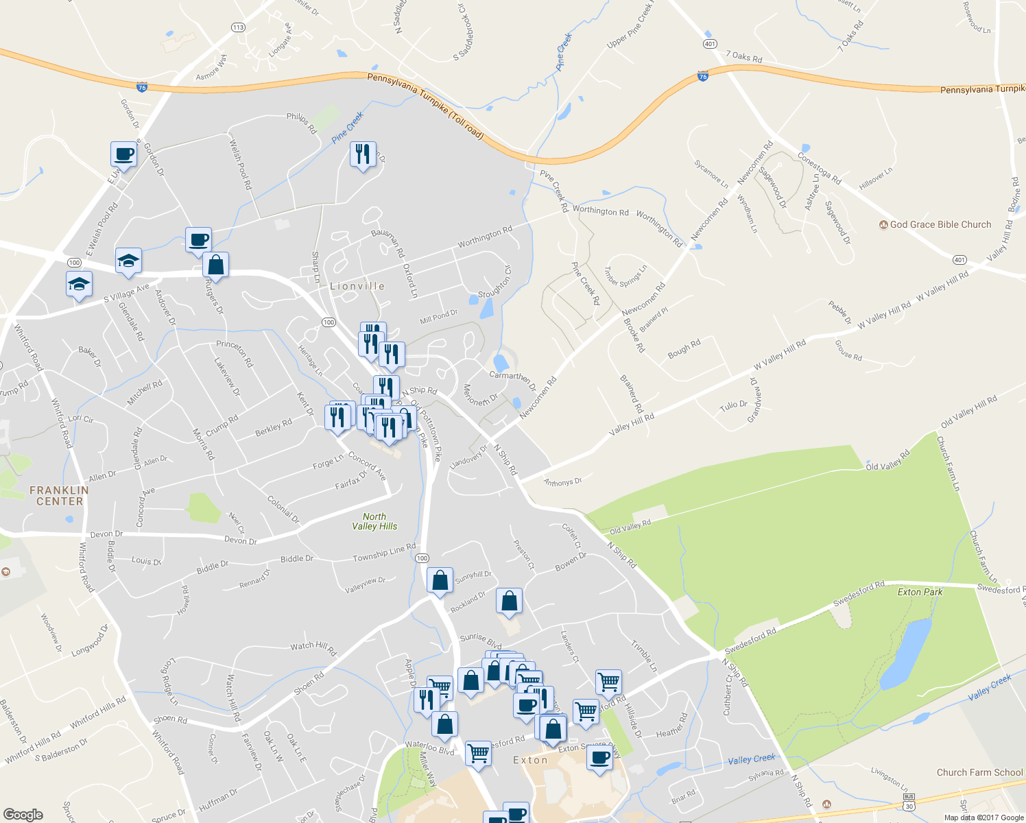 map of restaurants, bars, coffee shops, grocery stores, and more near 103 Glamorgan Court in Exton