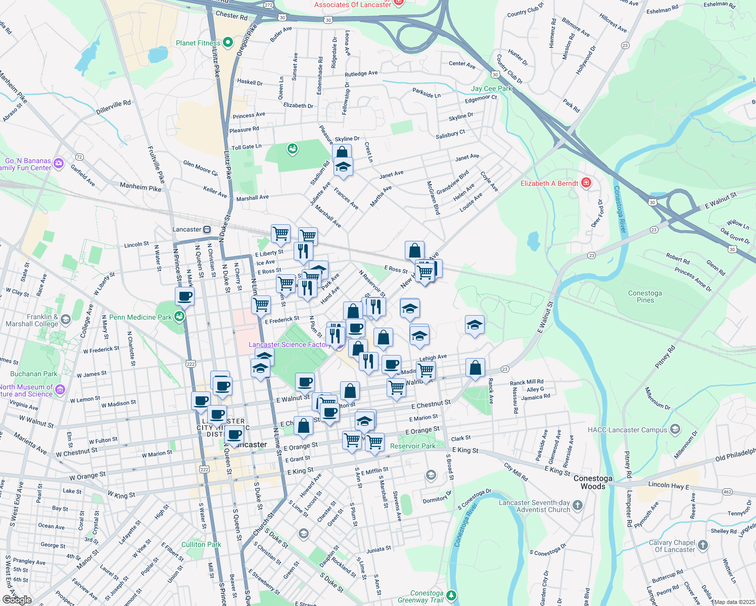 map of restaurants, bars, coffee shops, grocery stores, and more near 647 New Holland Ave in Lancaster