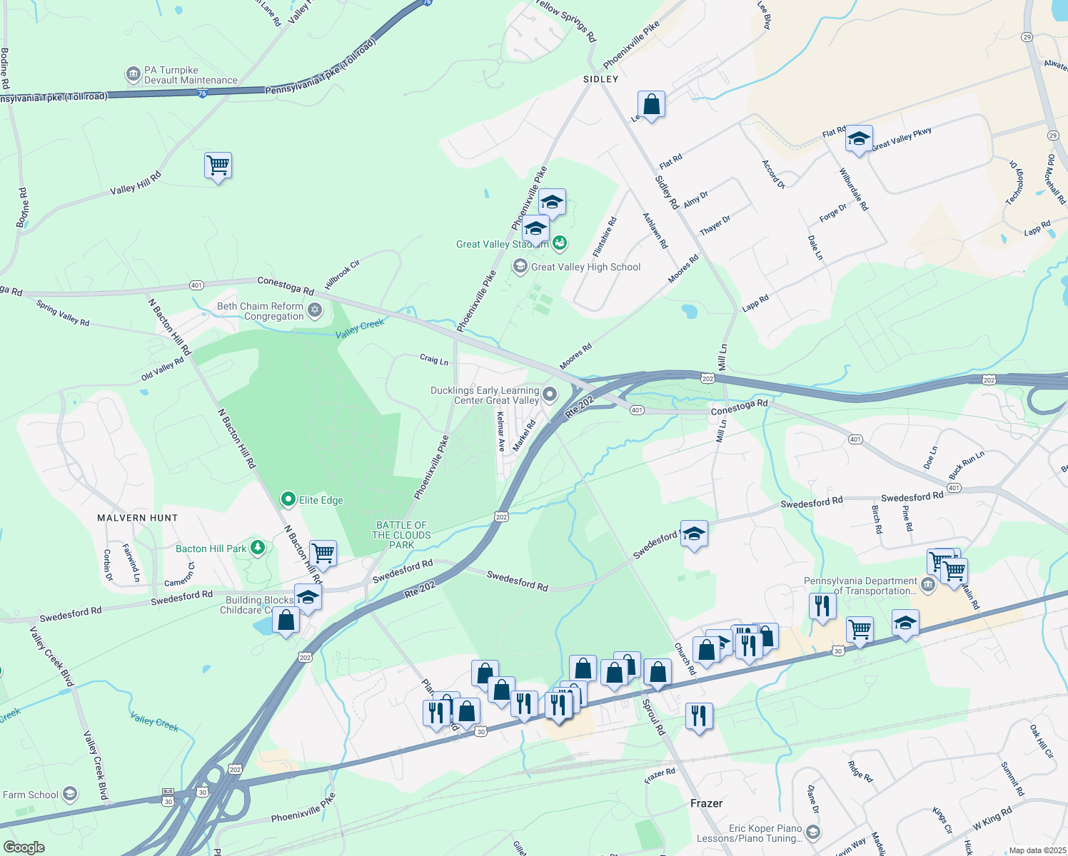 map of restaurants, bars, coffee shops, grocery stores, and more near 22 Markel Road in Malvern