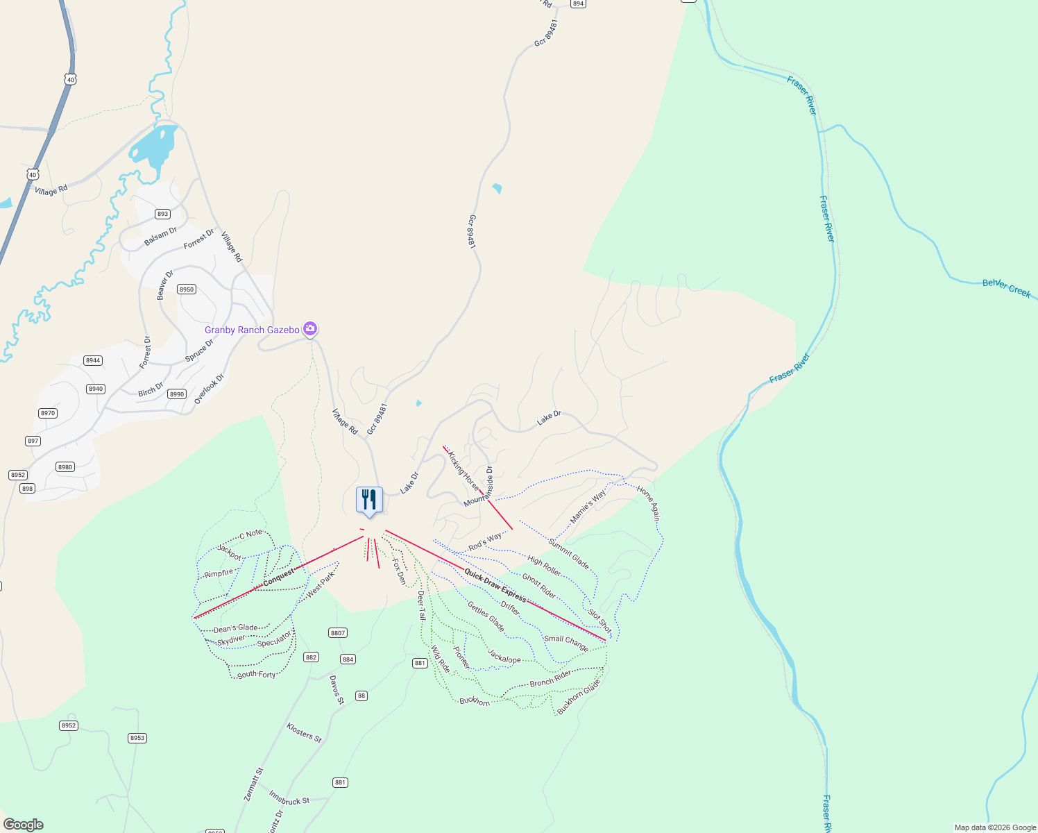 map of restaurants, bars, coffee shops, grocery stores, and more near 811 Lower Ranch View Drive in Granby