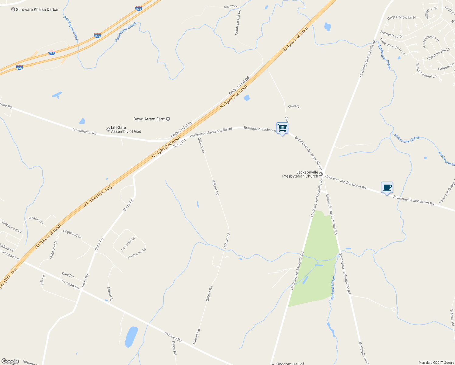 map of restaurants, bars, coffee shops, grocery stores, and more near 120 Gilbert Road in Bordentown