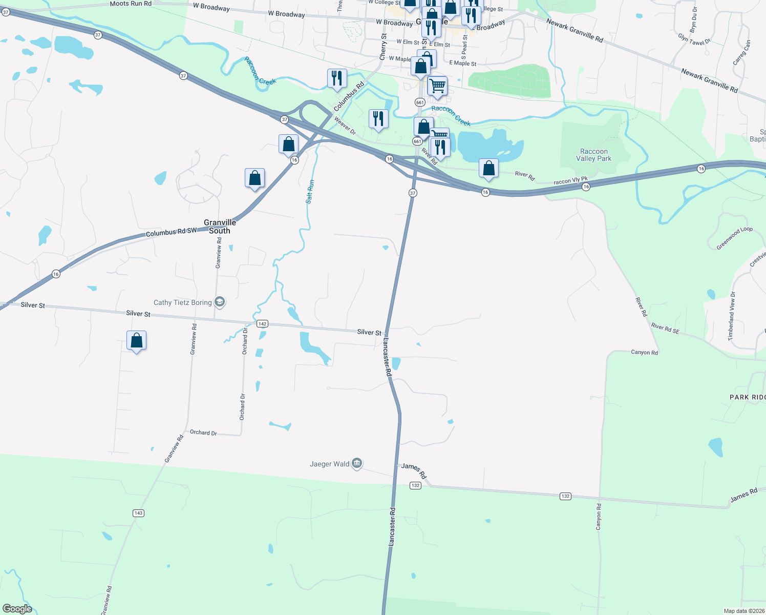 map of restaurants, bars, coffee shops, grocery stores, and more near 2600 Lancaster Rd in Granville