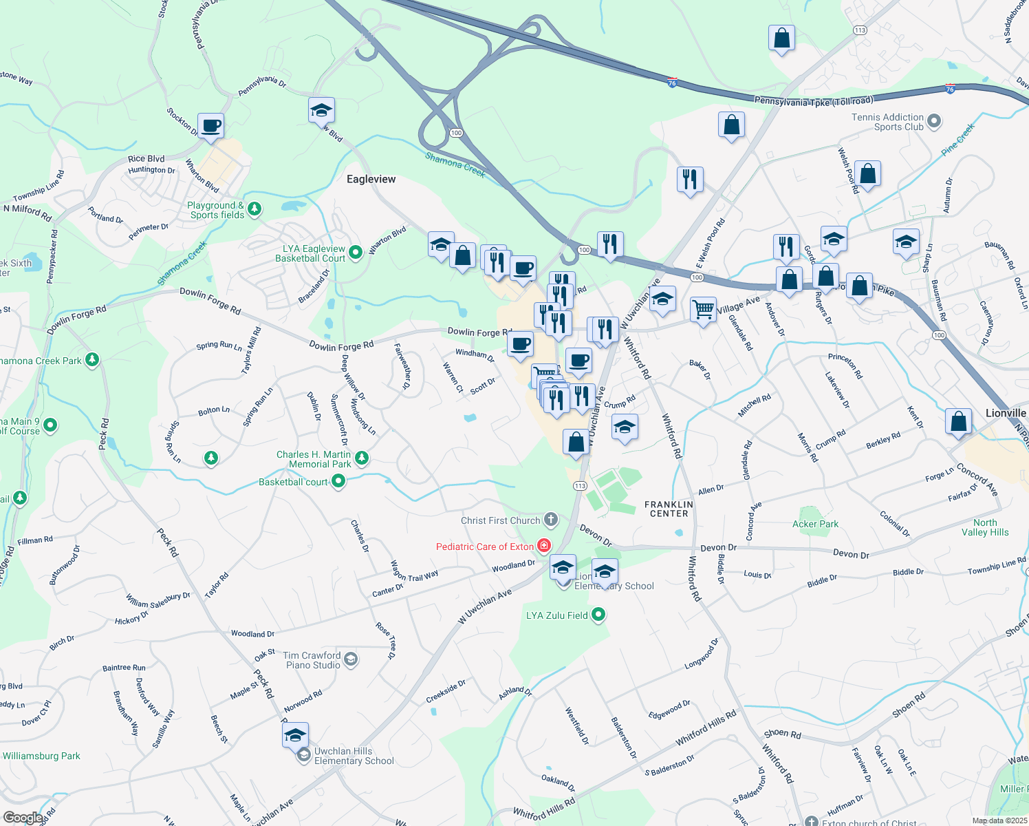 map of restaurants, bars, coffee shops, grocery stores, and more near 231 Windham Drive in Exton