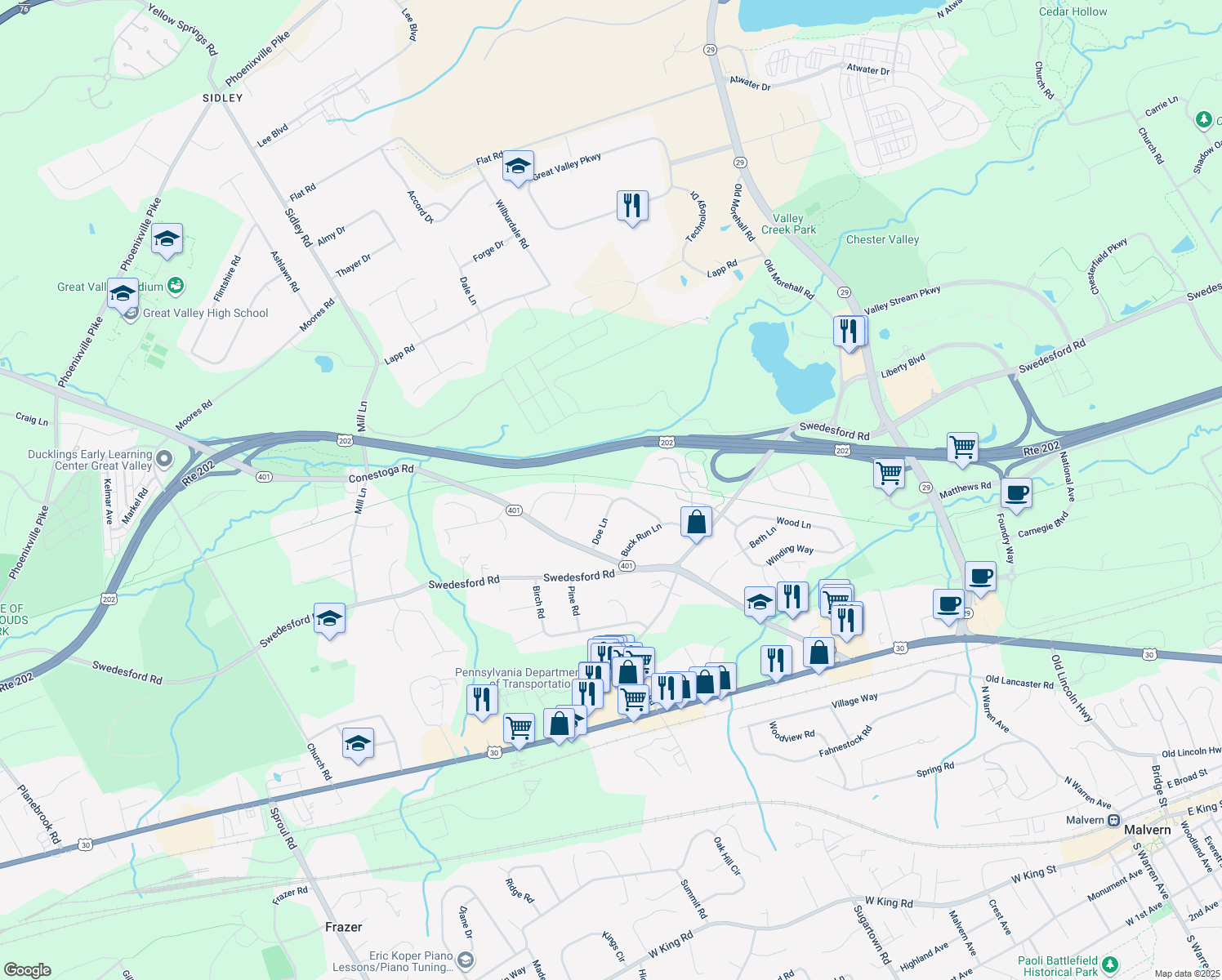 map of restaurants, bars, coffee shops, grocery stores, and more near 1 Deer Run Lane in Malvern