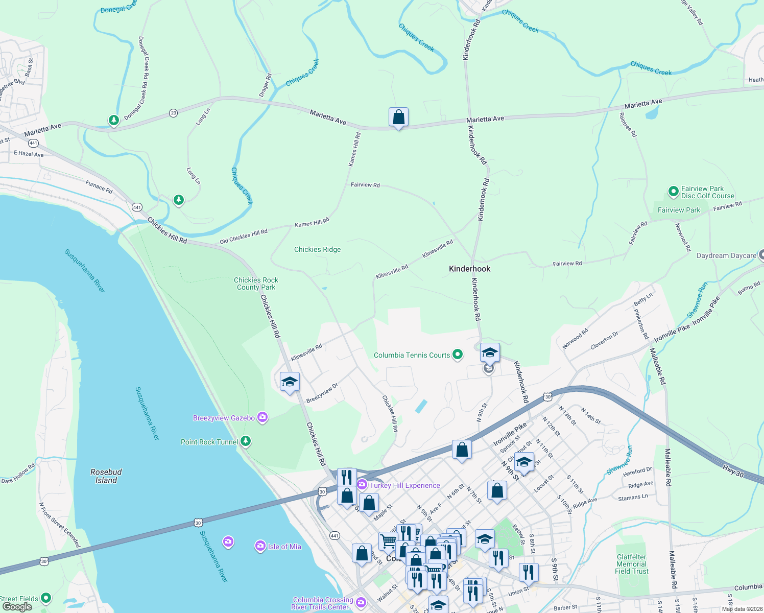 map of restaurants, bars, coffee shops, grocery stores, and more near 4580 Klinesville Road in Columbia
