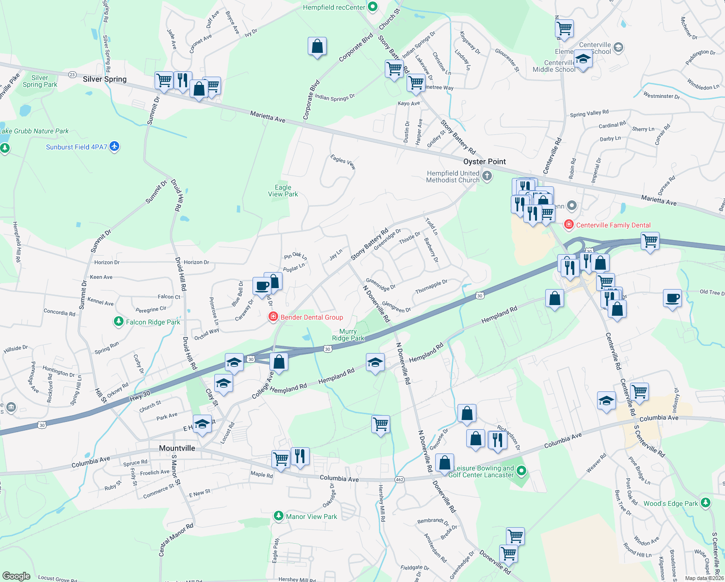 map of restaurants, bars, coffee shops, grocery stores, and more near 3302 Greenridge Dr in Mountville