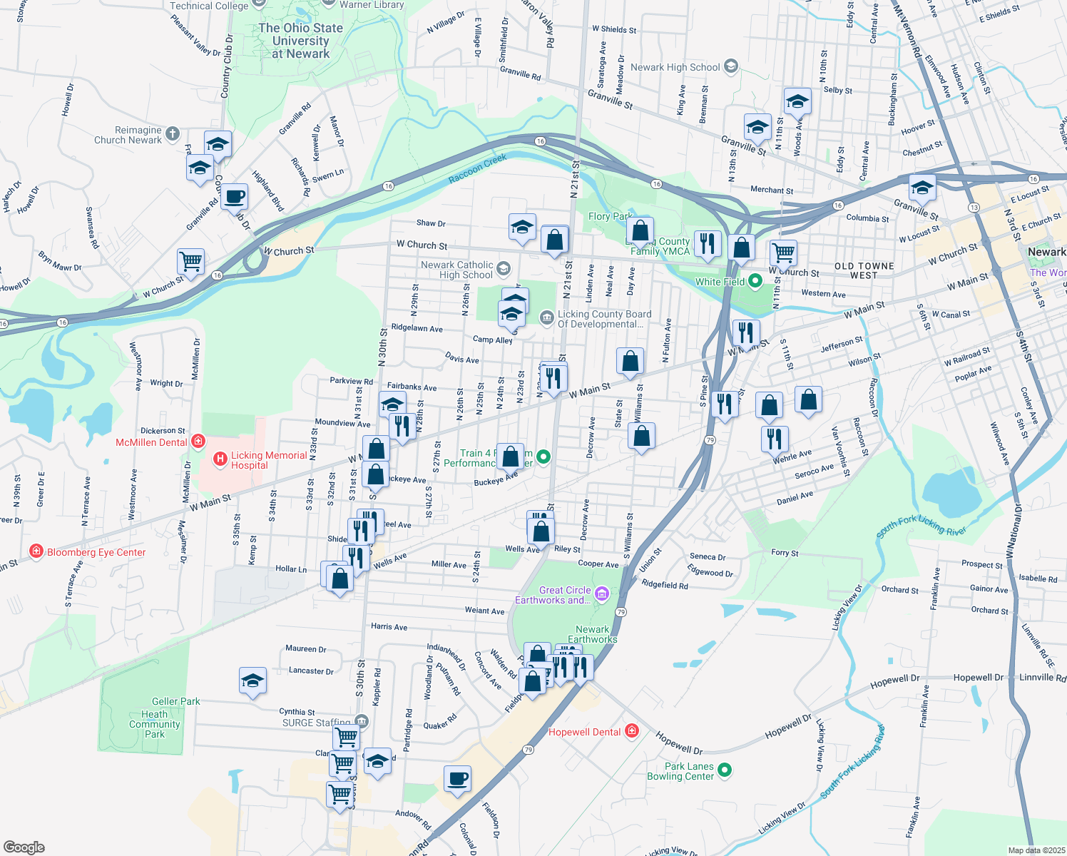 map of restaurants, bars, coffee shops, grocery stores, and more near 33 South 22nd Street in Newark
