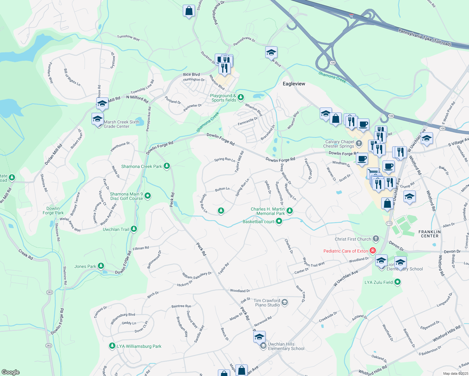 map of restaurants, bars, coffee shops, grocery stores, and more near 100 Blenheim Pl in Downingtown