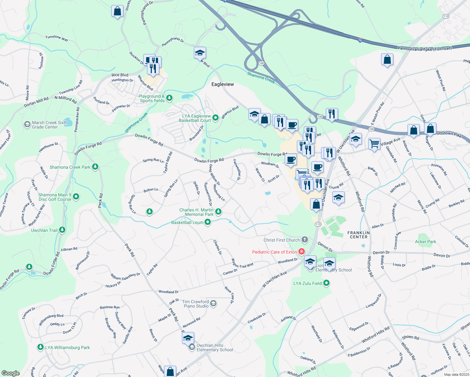 map of restaurants, bars, coffee shops, grocery stores, and more near 321 Fairweather Drive in Exton