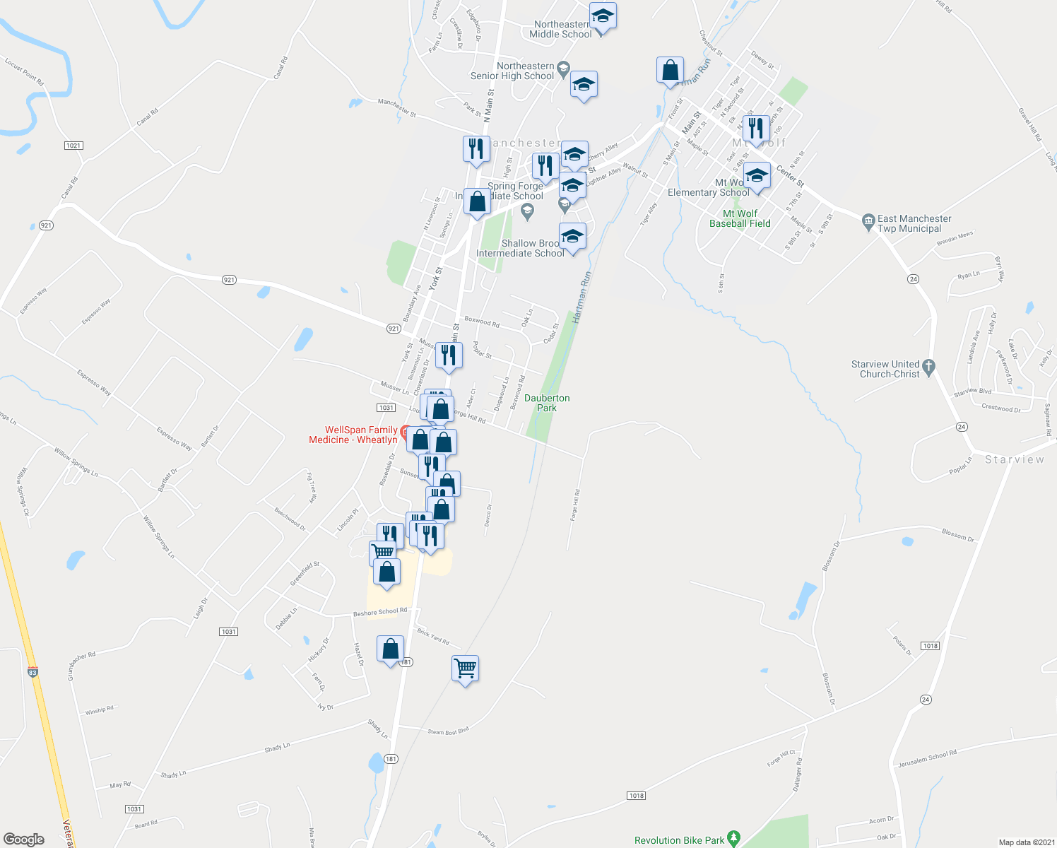 map of restaurants, bars, coffee shops, grocery stores, and more near 16 Pine Drive in Manchester