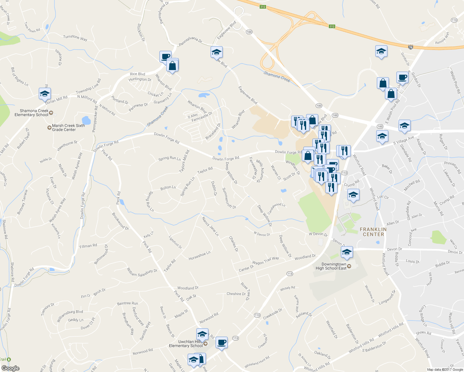 map of restaurants, bars, coffee shops, grocery stores, and more near 414 Windsong Lane in Exton